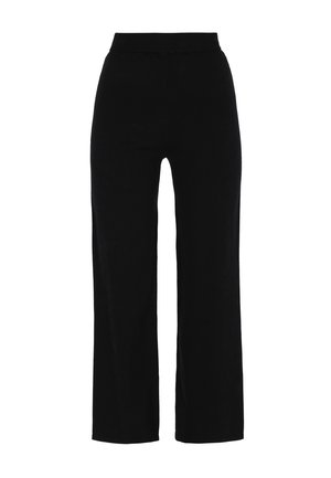 Black trousers made from soft fabric, featuring a wide-leg design and an elastic waistband for comfort. No visible patterns or hardware.