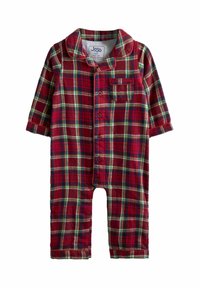 Rød og grønternet langærmet romper til småbørn med knaplukning foran, krave, brystlomme og opfoldede manchetter.