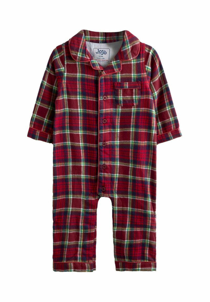 Rød og grønternet langærmet romper til småbørn med knaplukning foran, krave, brystlomme og opfoldede manchetter.
