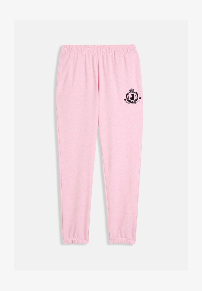 Pink sweatpants made of soft fabric, featuring an elastic waistband and cuffs, with a black emblem design on the left thigh.