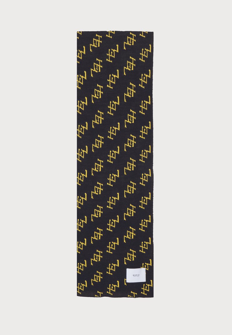 Schwarzer Strickschal mit einem sich wiederholenden gelben geometrischen Muster. Enthält ein kleines weißes Markenetikett in der unteren rechten Ecke.