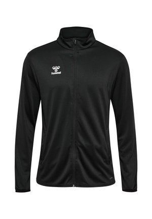 Black zip-up jacket made of smooth fabric, featuring a stand-up collar and the Hummel logo on the left chest. Long sleeves and fitted design.