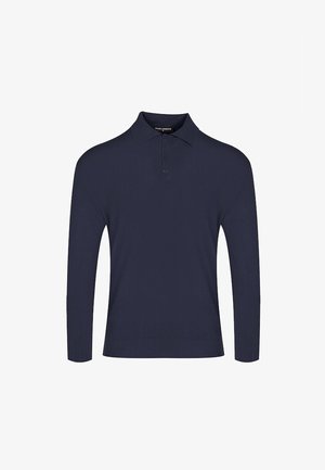 Granatowy sweter polo z długim rękawem, trzema guzikami i kołnierzem, przedstawiony na białym tle.