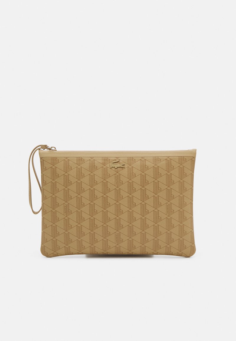 Tan zipper pouch made of textured material featuring an embossed geometric pattern. Includes a wrist strap for easy carrying.