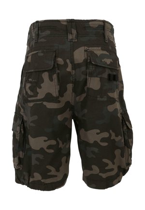 Shorts cargo într-un model de camuflaj întunecat, fabricate dintr-un material durabil. Au multiple buzunare laterale și o croială lejeră cu margine tivită.