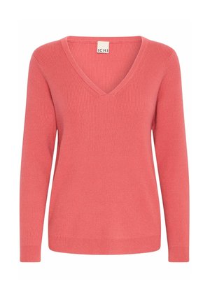 Maglione corallo con scollatura a V, texture a coste, maniche lunghe e design aderente. Etichetta recita "ICHI." Nessun ulteriore motivo o dettaglio presente.