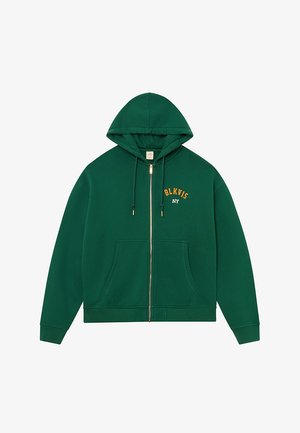 Green zip-up hoodie with a kangaroo pocket, drawstring hood, and gold "BLKVIS NY" lettering on the chest. Soft fabric with ribbed cuffs.
