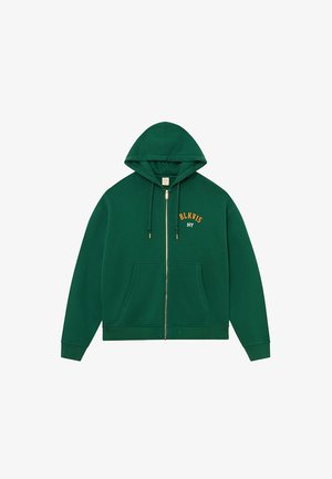 Felpa verde con cerniera, tasca a marsupio, cappuccio con coulisse e scritta dorata "BLKVIS NY" sul petto. Tessuto morbido con polsini a costine.