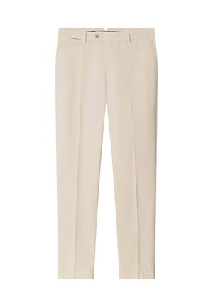 Pantaloni beige aderenti con passanti per cintura, chiusura frontale con bottoni e tasche laterali, mostrati distesi su uno sfondo bianco.