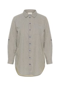 Chemise à rayures crème et marine. Présente un col pointu, des manches longues et une poche poitrine. Fabriquée en tissu léger.