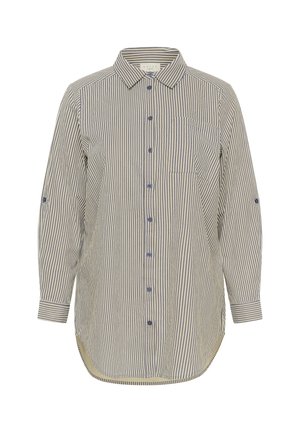 Striped button-up shirt in cream and navy. Features a pointed collar, long sleeves, and a chest pocket. Made from lightweight fabric.