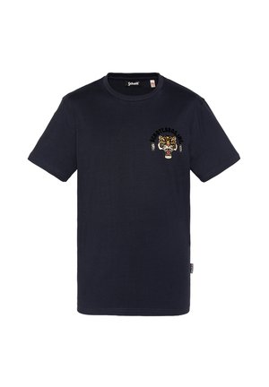 Czarna koszulka z krótkim rękawem z nadrukiem ryczącej głowy tygrysa i napisem "SCHOTT BROS NY 1913" na lewej piersi.