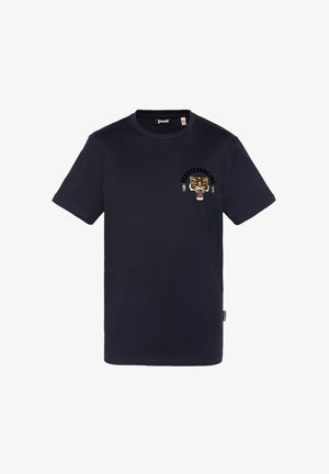 Zwart T-shirt met korte mouwen, met een brullende tijgerkop en de tekst "SCHOTT BROS NY 1913" op de linkerborst.