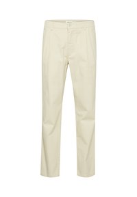 Pantaloni bej din bumbac cu croială dreaptă, prevăzuți cu o talie elastică, pliseuri frontale și o închidere cu un singur nasture. Textură netedă, fără modele.