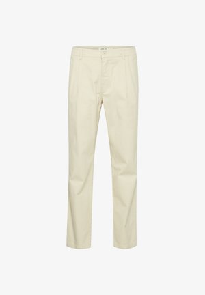 Beige bomullsbukser med rett passform, med elastisk midje, frontfolder og enkelt knappestenging. Jevn tekstur, uten mønster.