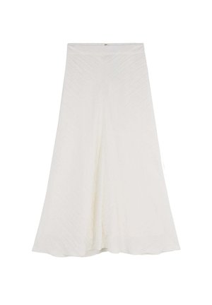 En hvid, mellemlang nederdel lavet af tekstureret stof, med en udvidet design og en skjult lynlås i ryggen til lukning.