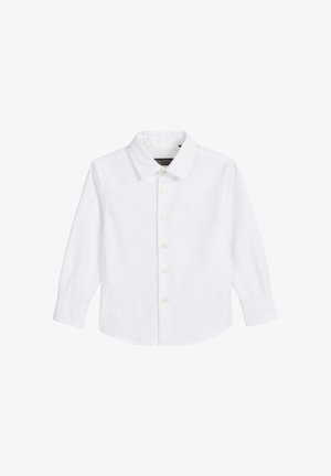 Camicia bianca a maniche lunghe in cotone con chiusura a bottoni, colletto a punta e un piccolo logo ricamato sul petto.