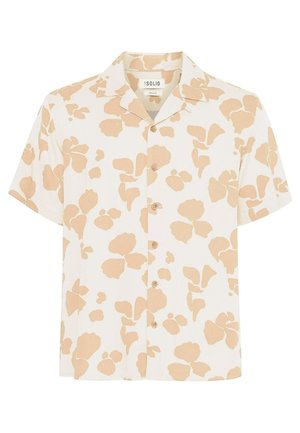 Īsām piedurknēm krekls baltā krāsā ar gaišā brūnā ziedu rakstu, ar pogu priekšpusi un ieliektu apkakli, izgatavots no viegla auduma.