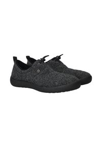 Gray felt slip-on shoes with black rubber soles, featuring a rounded toe, elastic drawstring closure, and a fabric loop at the heel.