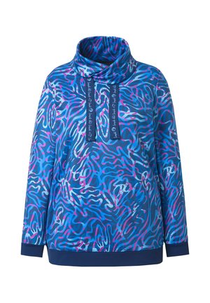Blauer und rosa abstrakt gemusterter Langarm-Pullover mit hohem Rollkragen und Kordelzug, versehen mit marineblauen Bündchen und Saum.