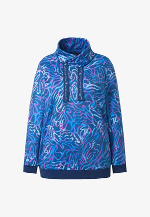Pullover a maniche lunghe con motivo astratto blu e rosa, con collo alto a scialle e coulisse, caratterizzato da polsini e orlo blu navy.