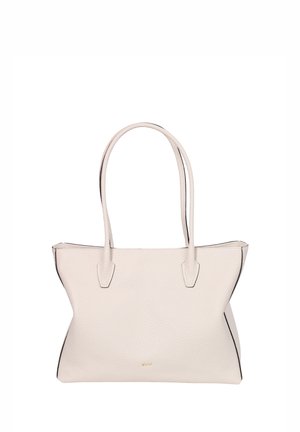 White leather tote bag with textured surface, double handles, and black trim. Features a subtle gold logo on the front.