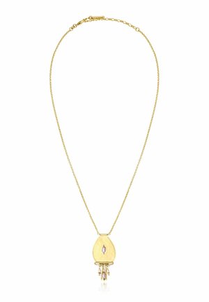 Collier délicat en chaîne d’or avec un pendentif en forme de goutte d’or orné d’une petite perle et de pampilles de perles dorées suspendues en dessous.