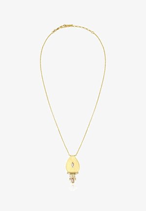 Collier délicat en chaîne d’or avec un pendentif en forme de goutte d’or orné d’une petite perle et de pampilles de perles dorées suspendues en dessous.
