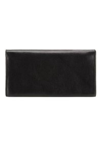 Portafoglio in pelle nera con un design elegante e rettangolare. Texture liscia con cuciture minime e senza hardware o dettagli visibili.