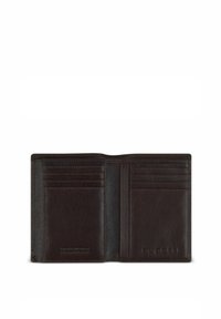 Portafoglio in pelle marrone con più slot per carte, una texture liscia e un marchio sobrio impresso all'interno. Design aperto per un facile accesso.