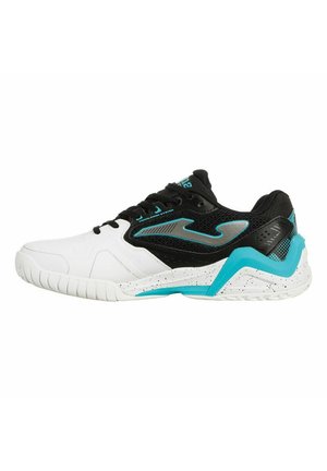 Zapatilla deportiva blanca, negra y turquesa con parte superior de malla, diseño con cordones y suela acolchada y texturizada para deportes y ventilación.