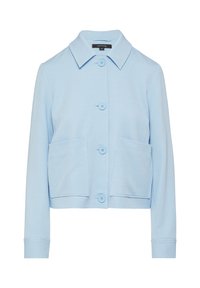 Jasnoniebieska krótka kurtka z teksturowanej tkaniny, z ostrym kołnierzem, czterema guzikami i dwiema przednimi kieszeniami naszytymi.