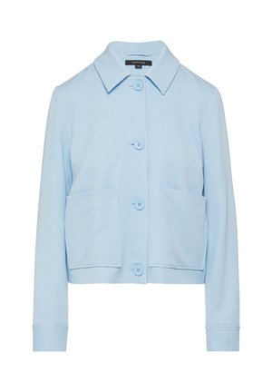 Light blue cropped jacket made of textured fabric, featuring a pointed collar, four buttons, and two front patch pockets.