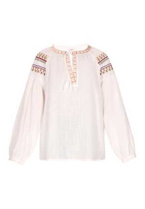 Hvid bluse lavet af et letvægts, struktureret stof. Har en rund halsudskæring, elastiske lange ærmer og farverige broderede detaljer på skuldrene.