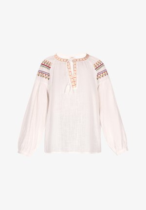 Biała bluzka z lekkiego, teksturowanego materiału. Posiada okrągły dekolt, elastyczne długie rękawy i kolorowe hafty na ramionach.