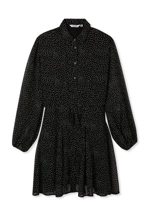 Abito nero con pois bianchi, maniche puff lunghe, colletto, chiusura frontale con bottoni e vita arricciata per un silhouette svasata.