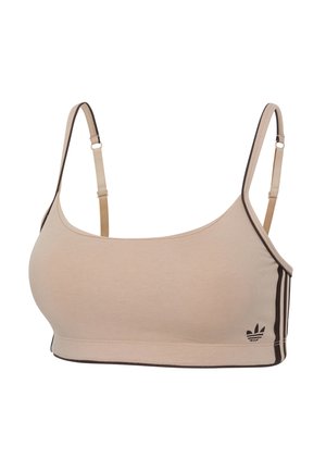Beiger Sport-BH mit dünnen, verstellbaren Trägern, braunen Einsätzen, drei braunen Seitenstreifen und Adidas-Trefoil-Logo unten links.