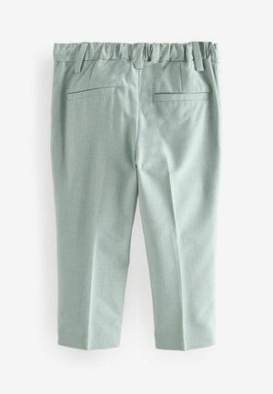 Pantaloni verde chiaro con tessuto a trama, vita elastica e due tasche posteriori. Lunghezza cropped con design a gamba dritta.