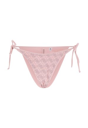 Bas de bikini rose clair avec côtés à nouer, présentant un motif de petits losanges et des dessins floraux. Taille petite.