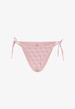 Braga de bikini rosa claro con laterales ajustables, con un patrón de pequeñas formas de diamante y diseños florales. Talla pequeña.