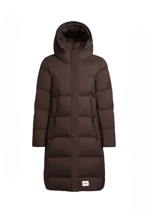Brown puffer coat with a high collar and adjustable hood. Features two zippered side pockets and a rectangular brand patch on the lower front.