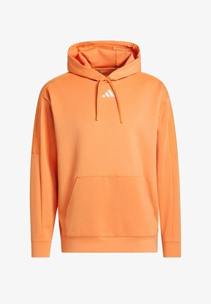 Orange hoodie made of soft fabric, features a front pocket, drawstring hood, and white logo on the chest. Simple, athletic design.