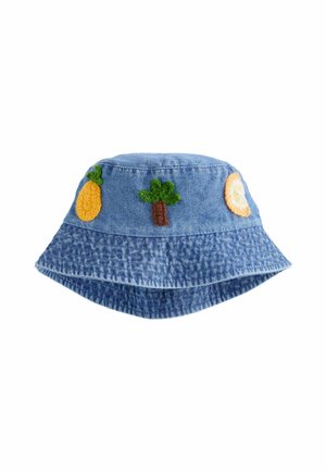 Denim bucket hat with crocheted patches of a pineapple, palm tree, and lemon slice on the front.