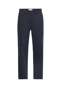 Mornarji modre delovne hlače iz trpežne tkanine z dvema stranskima žepoma, sprednjim zapiranjem na gumbe in ravnim krojem hlačnic.