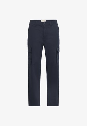 Tumesinised lahtised püksid vastupidavast kangast, millel on kaks küljetaskut, ees nööpidega kinnituv sulgur ja sirge lõige.