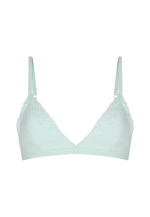 Soutien-gorge à bonnets souples à motif vichy vert clair et blanc, avec bretelles réglables et bords festonnés.