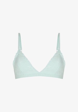 Soutien-gorge à bonnets souples à motif vichy vert clair et blanc, avec bretelles réglables et bords festonnés.