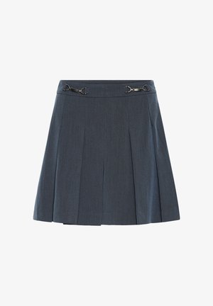 Gonna plissettata grigio scuro con dettagli decorativi in metallo argentato sulla vita, mostrata su sfondo bianco.