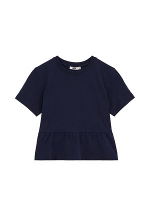 Marineblå kortærmet peplumtop med rund halsudskæring, lavet af blødt stof, med en samlet flæsedetalje ved taljen.