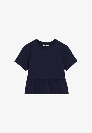 Mornarsko plava kratkih rukava peplum majica s okruglim izrezom, izrađena od mekanog tkanina, s naboranim volanom na struku.